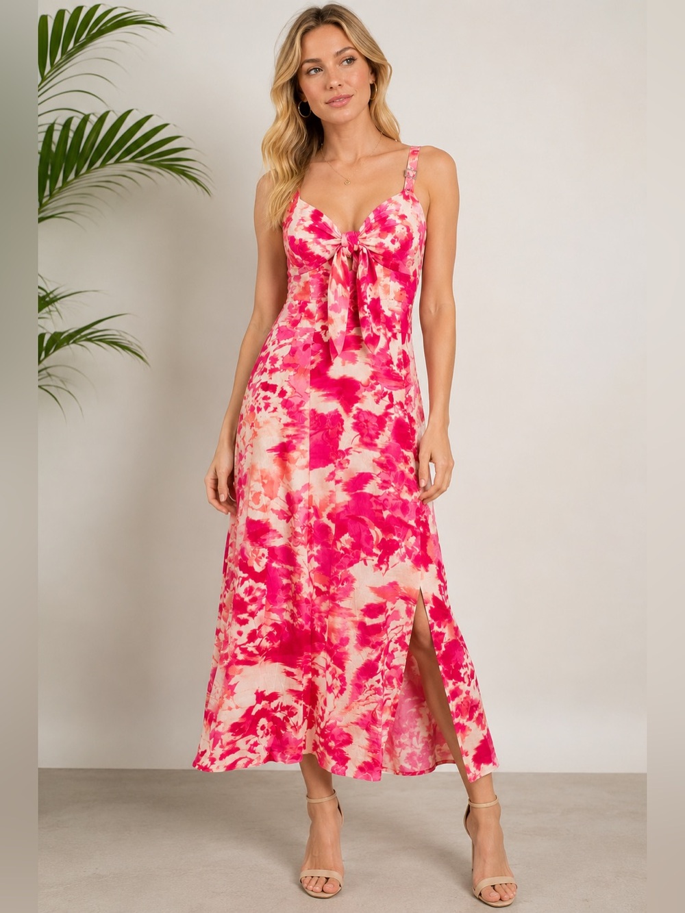 DKNY Bow Front Floral Maxi Dress 14 Pink Buckle Strap Resort Vacation NWT